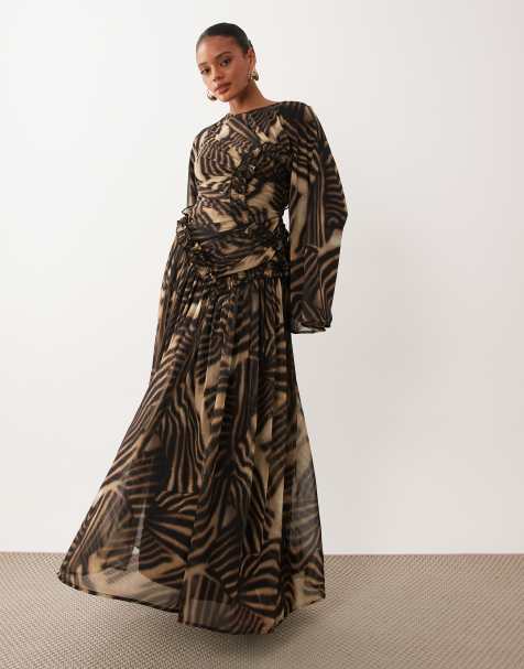ASOS DESIGN crinkle chiffon gathered maxi dress with micro ruffles in black neutral abstract print - view 1