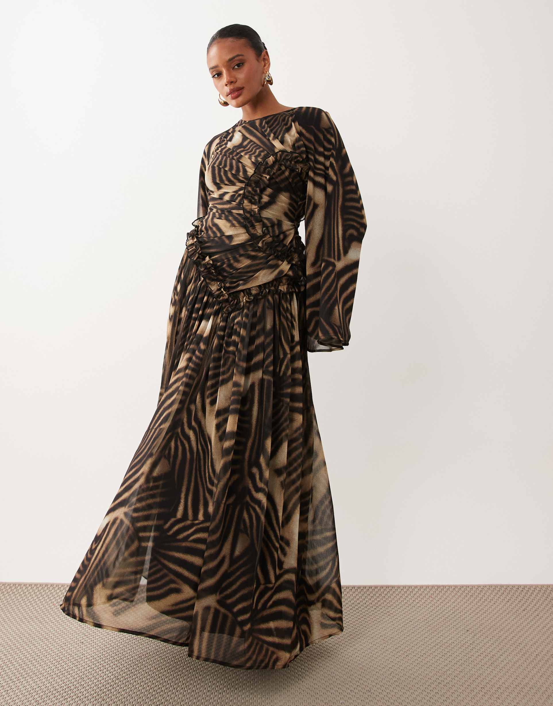 asos design crinkle chiffon gathered maxi dress with micro ruffles in black neutral abstract print