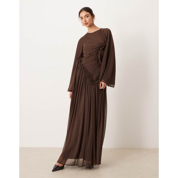 knee length dresses for ladies Serafina | Chocolate Extreme-Plunge Neck Maxi Dress with Wrap and Ruched Details main image 0