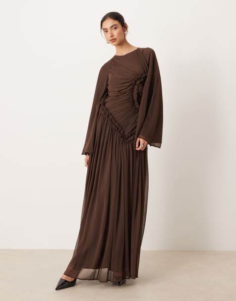 ASOS DESIGN crinkle chiffon gathered maxi dress with micro ruffles in chocolate