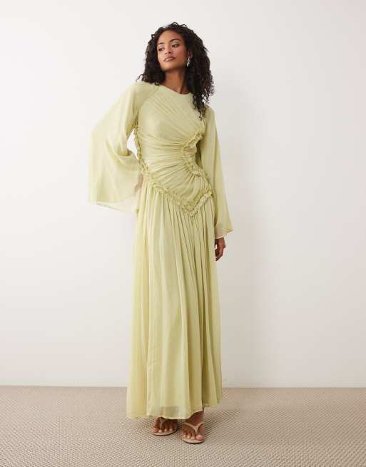 ASOS DESIGN crinkle chiffon gathered maxi dress with micro ruffles in olive  green | ASOS