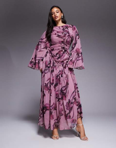 ASOS DESIGN crinkle chiffon gathered maxi dress with micro ruffles in purple floral print