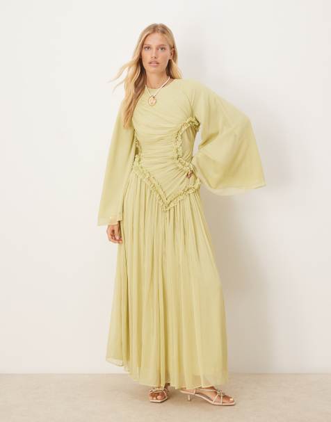 ASOS DESIGN crinkle chiffon gathered maxi dress with micro ruffles in sage green - view 1