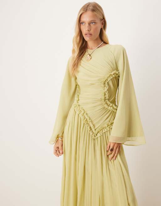 ASOS DESIGN crinkle chiffon gathered maxi dress with micro ruffles in sage green