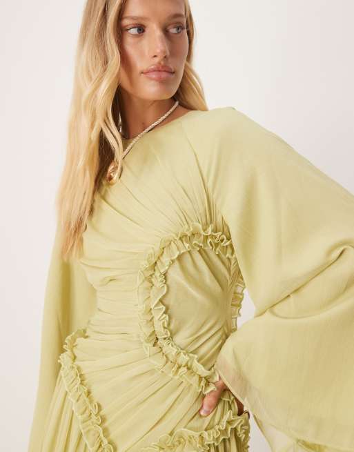 ASOS DESIGN crinkle chiffon gathered maxi dress with micro ruffles in sage green