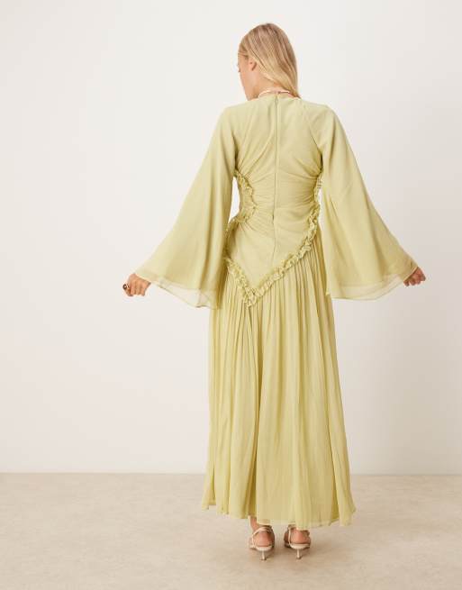 ASOS DESIGN crinkle chiffon gathered maxi dress with micro ruffles in sage green