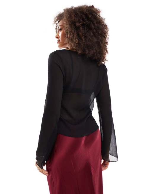 ASOS DESIGN crinkle chiffon plunge blouse in black, 4 of 4