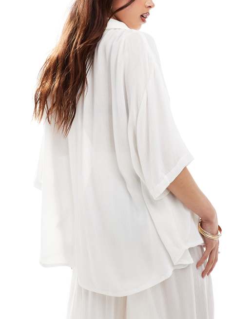 ASOS DESIGN crinkle co-ord beach shirt in white, 3 of 4
