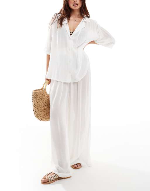 ASOS DESIGN crinkle co-ord beach shirt in white, 4 of 4