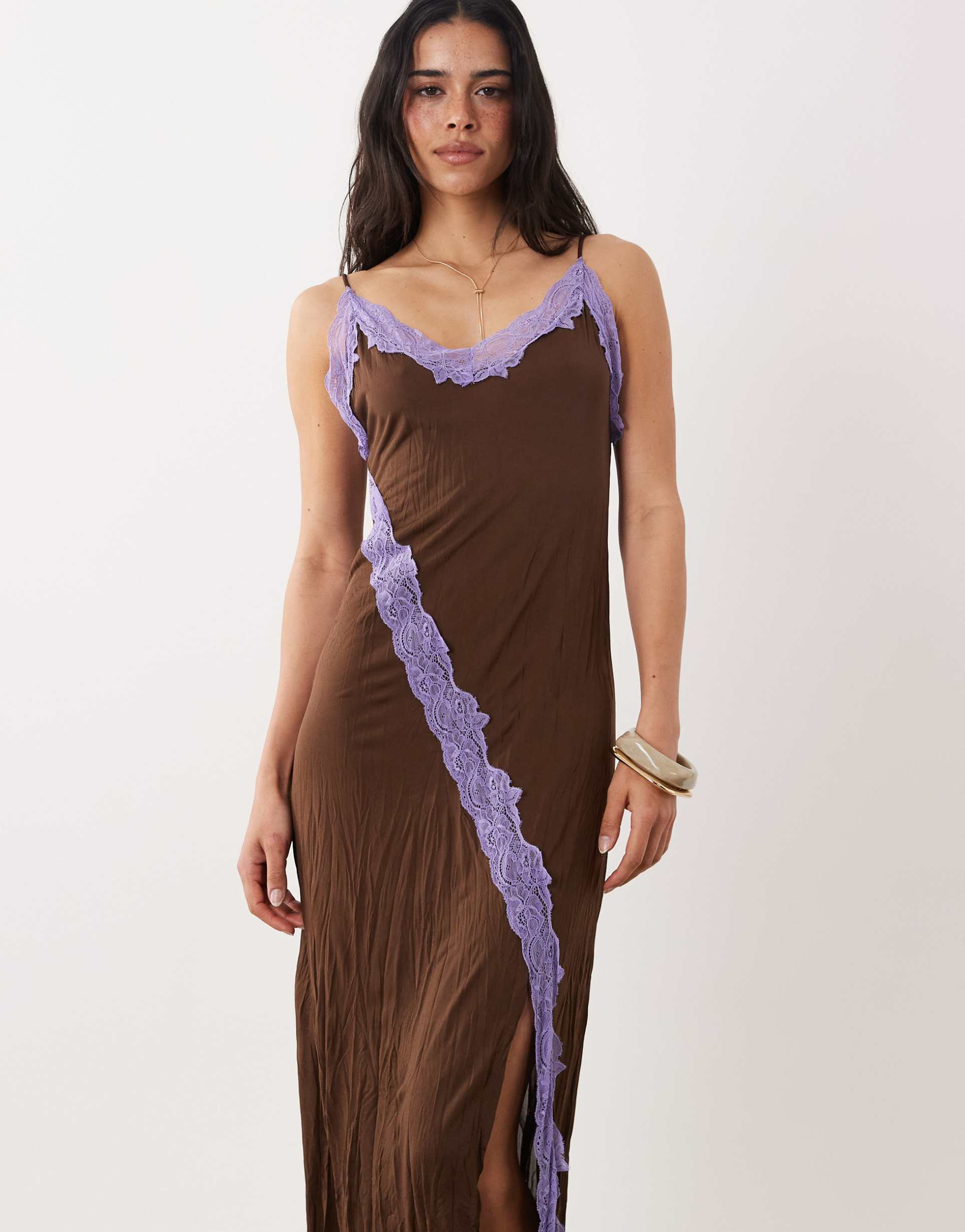 asos design crinkle contrast lace semi sheer maxi dress in brown and lilac