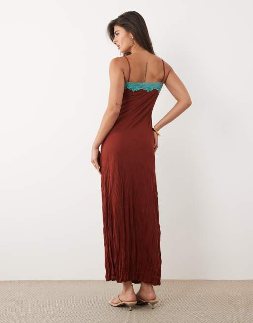 ASOS DESIGN crinkle contrast lace trim maxi dress in brown and blue, 3 of 4