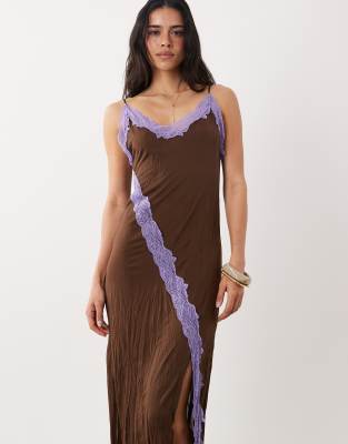 Asos Design Crinkle Contrast Lace Trim Maxi Dress In Brown