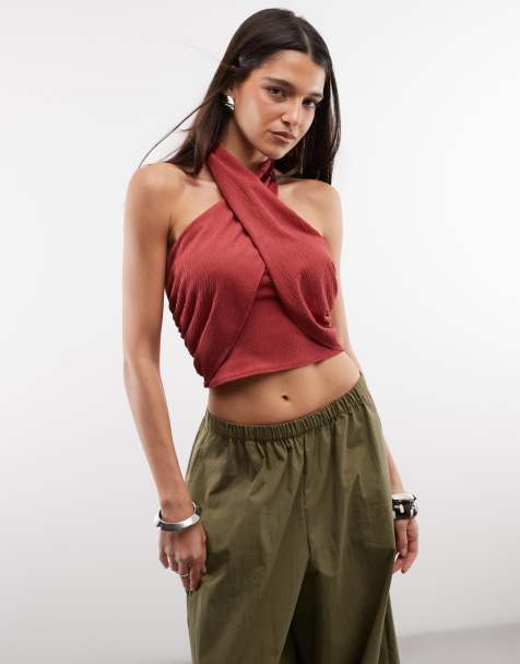 ASOS DESIGN crinkle crossover halter neck top in rust - view 1