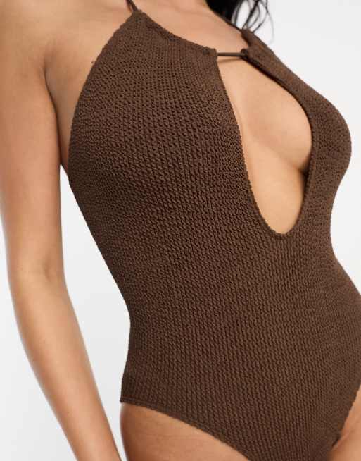 ASOS DESIGN crinkle cut out halter neck swimsuit with super high leg in brown , 4 of 4