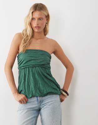 Asos Design Crinkle Drape Bubble Hem Bandeau Top In Green