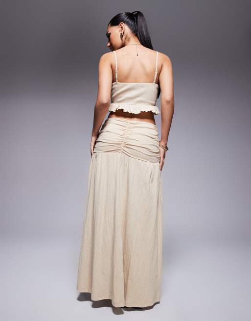 ASOS DESIGN crinkle drop waist maxi skirt in stone