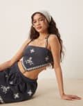 [ASOS DESIGN] ASOS DESIGN crinkle embroidered tie shoulder cami top in washed navy (part of a set) 16 Washed Navy
