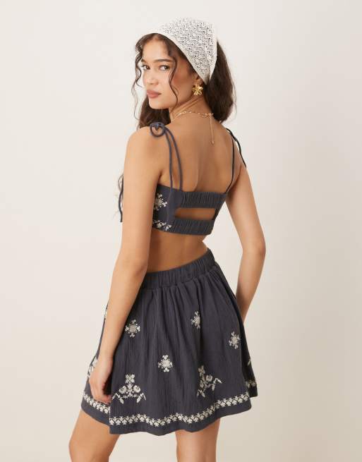 ASOS DESIGN crinkle embroidered tie shoulder cami top in washed navy (part of a set), 4 of 4