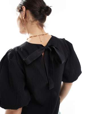 ASOS DESIGN crinkle fabric puff sleeve top in black
