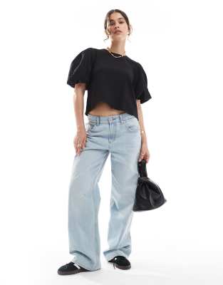 ASOS DESIGN crinkle fabric puff sleeve top in black