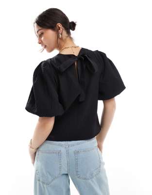 ASOS DESIGN crinkle fabric puff sleeve top in black