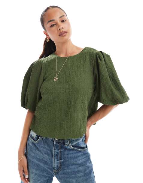 ASOS DESIGN crinkle fabric puff sleeve top in khaki - view 1