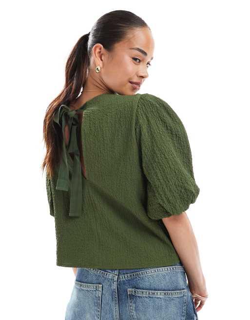 ASOS DESIGN crinkle fabric puff sleeve top in khaki, 2 of 4