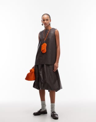 Asos Design Crinkle Faux Leather Bubble Skirt In Brown