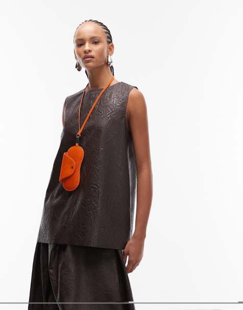 ASOS DESIGN crinkle faux leather longline tabard top in chocolate - view 1