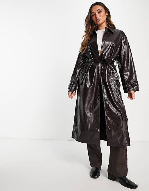 ASOS DESIGN crinkle faux leather trench coat in oxblood