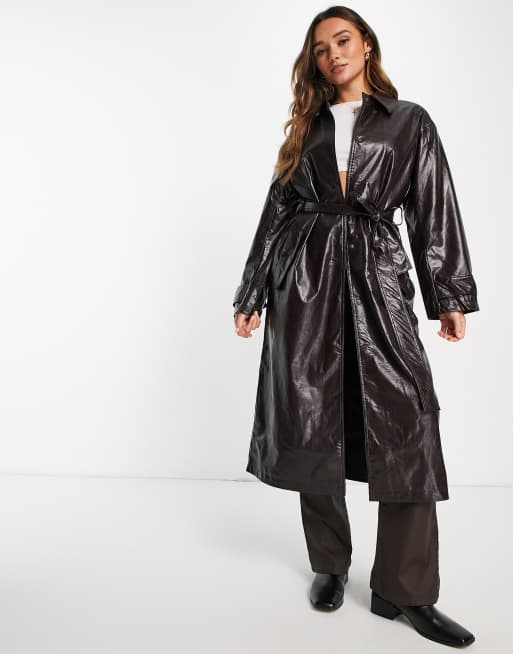 Faux Leather Belted Longline Trench Coat