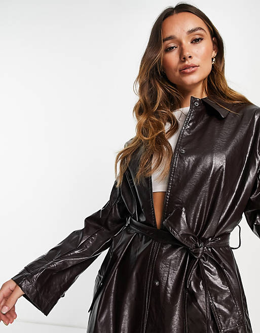 Coats & Jackets crinkle faux leather trench coat in oxblood 