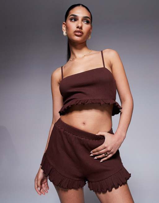ASOS DESIGN crinkle flippy shorts with frill hem in brown - part of a set , 3 of 5
