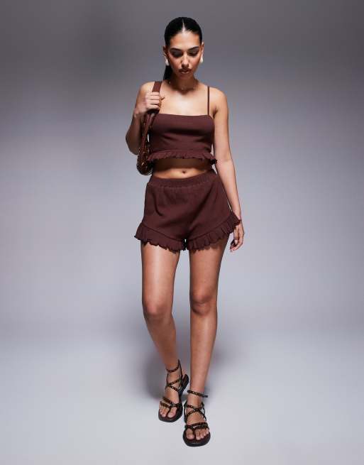 ASOS DESIGN crinkle flippy shorts with frill hem in brown - part of a set , 5 of 5