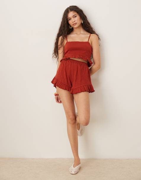 ASOS DESIGN crinkle flippy shorts with frill hem in rust (part of a set) - view 1
