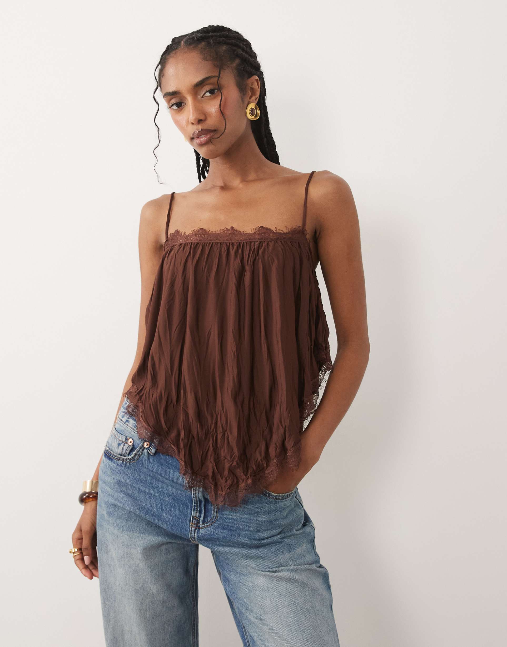 asos design crinkle floaty cami top with lace trim in chocolate