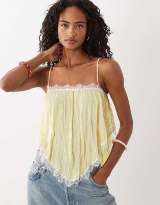 Asos Design Crinkle Floaty Cami With Lace Trim In Yellow