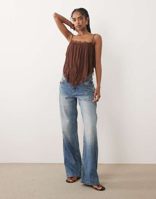 ASOS DESIGN crinkle floaty cami with lace trim in chocolate, 2 of 4