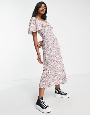 ASOS DESIGN crinkle flutter sleeve midi dress with tie detail in cream and pink floral