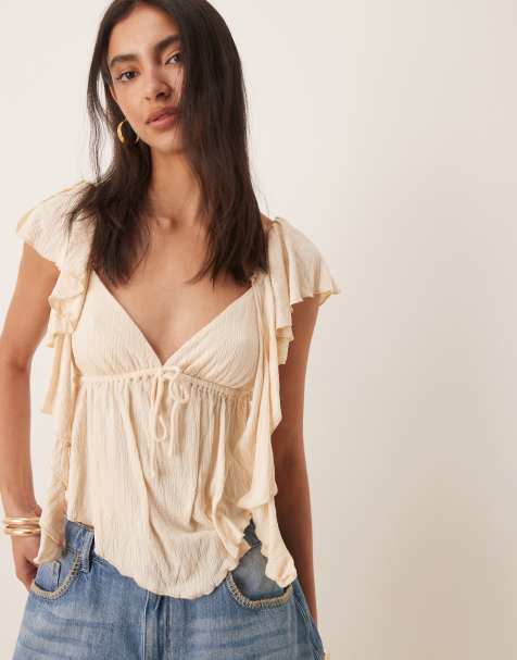 ASOS DESIGN crinkle flutter sleeve open back top in cream - view 1
