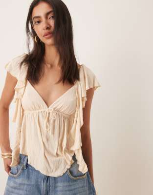 asos design crinkle flutter sleeve open back top in cream