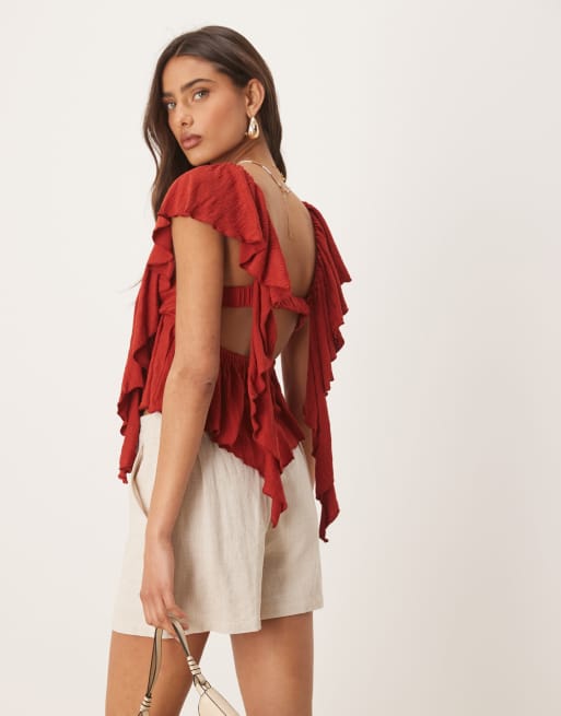 ASOS DESIGN crinkle flutter sleeve open back top in rust