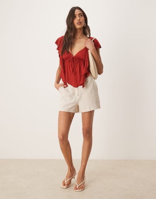 ASOS DESIGN crinkle flutter sleeve open back top in rust