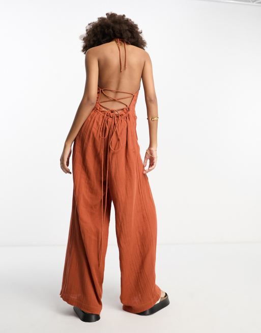 ASOS DESIGN Cord Strappy Jumpsuit In Orange ASOS