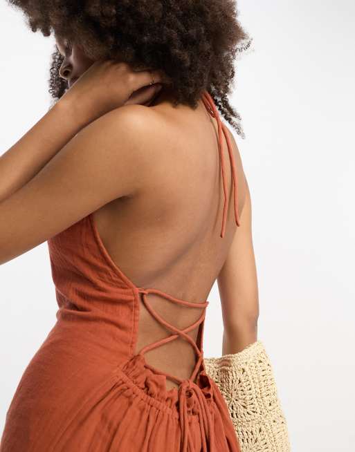 Rust Rib Twist Detail Plunge Flared Jumpsuit