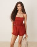 [ASOS DESIGN] ASOS DESIGN crinkle frill hem cami crop top in rust (part of a set)-Red 16 Rust