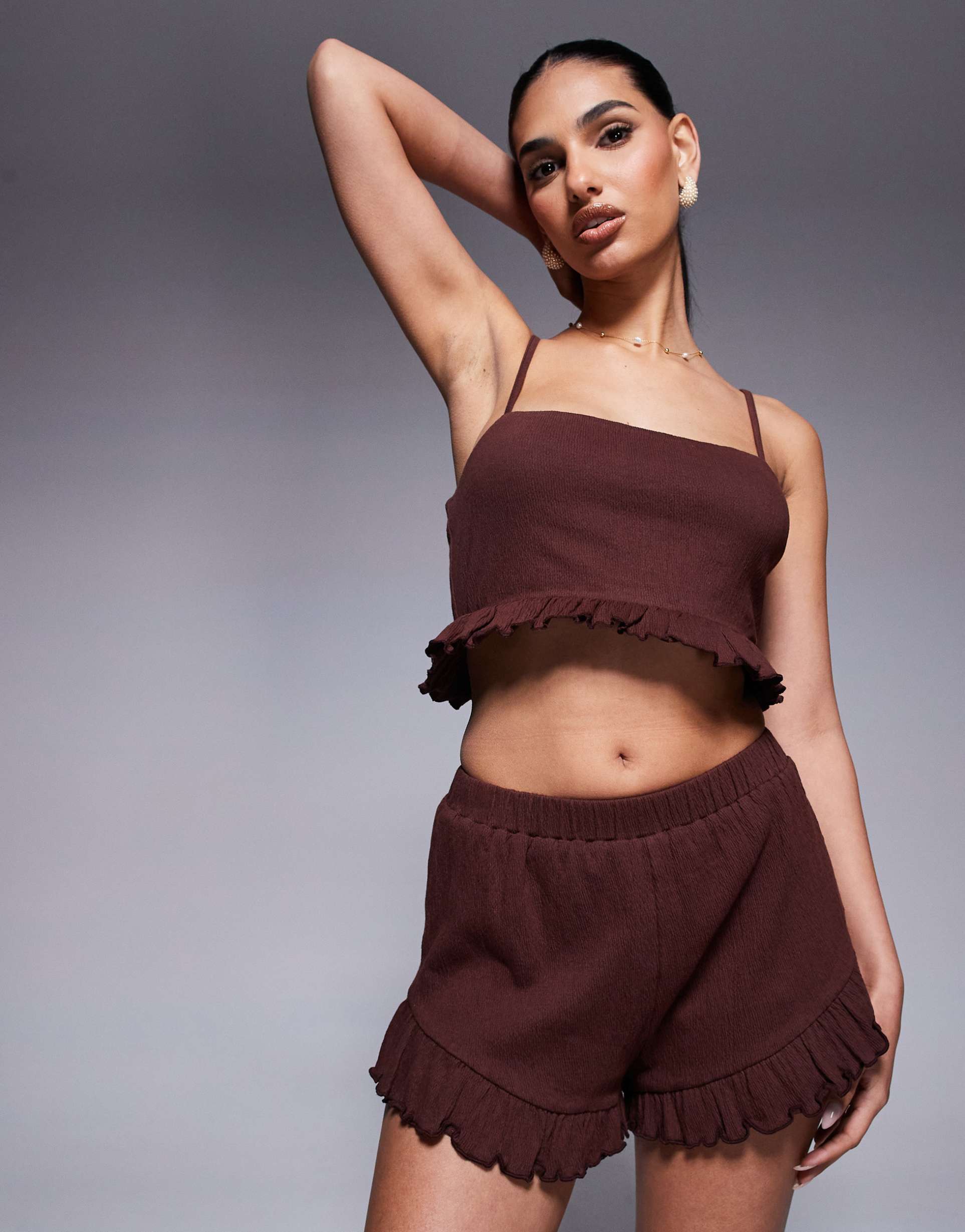 asos design crinkle frill hem crop top in brown - part of a set