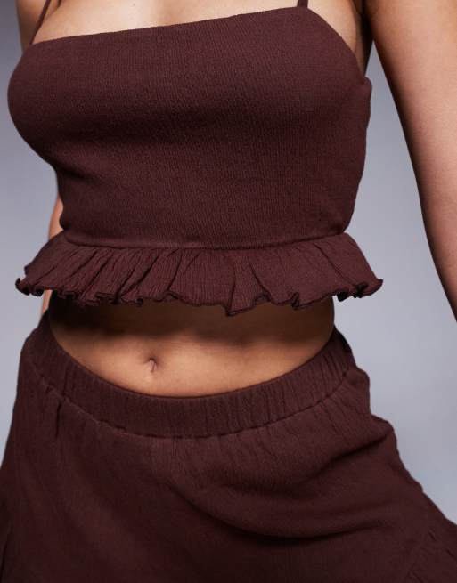 ASOS DESIGN crinkle frill hem crop top in brown - part of a set , 2 of 4