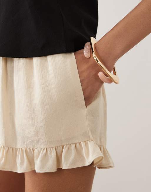 ASOS DESIGN crinkle frill hem shorts in tan, part of a set, 5 of 5