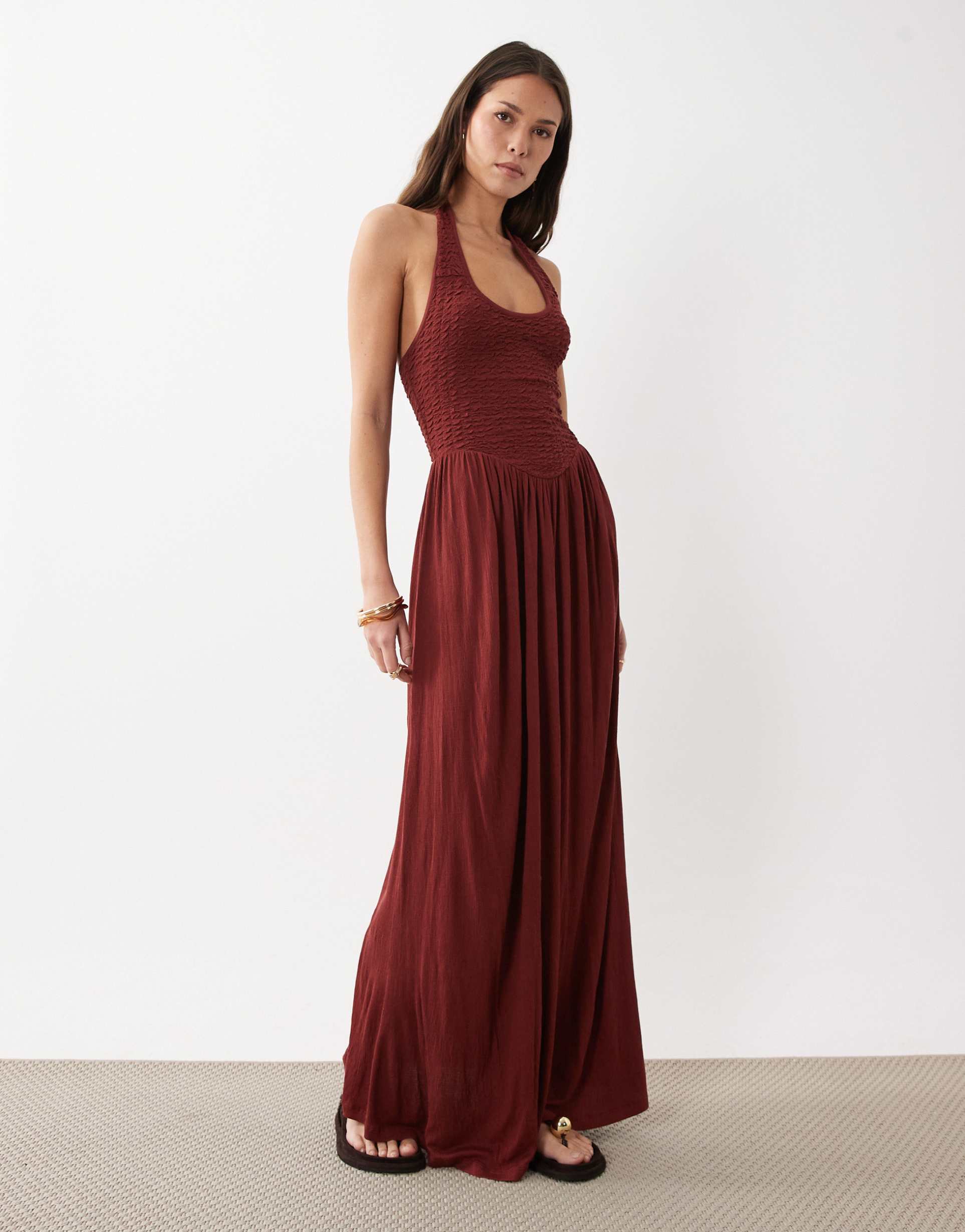asos design crinkle halter neck midaxi dress in rust brown